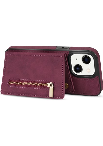 Iphone 15 Plus Fermuar Cep Deri Kaplamalı Tpu Telefon Kılıfı Cüzdan Telefon Kickstand Cover-Wine Kırmızı (Yurt Dışından)