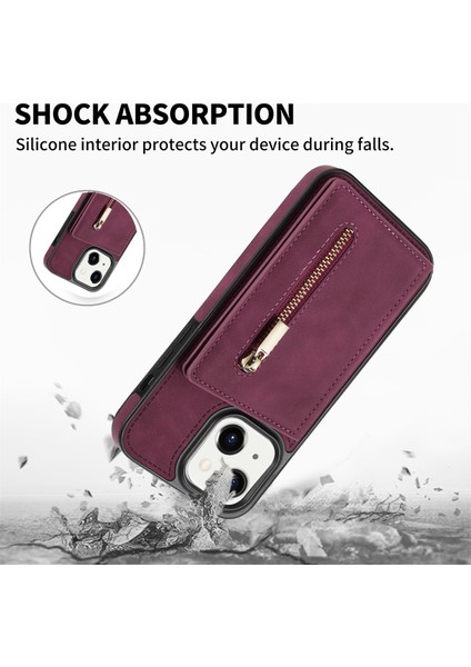 Iphone 15 Plus Fermuar Cep Deri Kaplamalı Tpu Telefon Kılıfı Cüzdan Telefon Kickstand Cover-Wine Kırmızı (Yurt Dışından)
