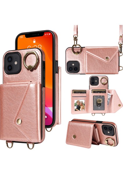 Iphone Için Telefon Kabuğu 12/12 Pro 6.1 Inç Yüzük Kickstand Litchi Doku Deri+Tpu Kart Çanta Kılıfı Omuz Kayışı Rosalı Altın (Yurt Dışından)