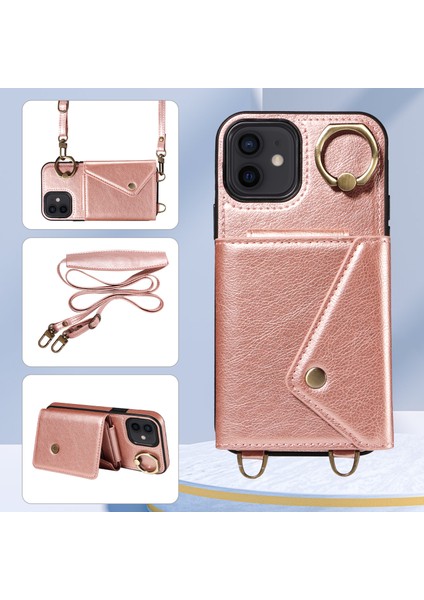 Iphone Için Telefon Kabuğu 12/12 Pro 6.1 Inç Yüzük Kickstand Litchi Doku Deri+Tpu Kart Çanta Kılıfı Omuz Kayışı Rosalı Altın (Yurt Dışından) indirimleri