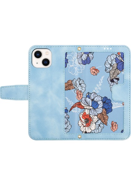Kart Yuvaları iPhone 15 Plus Için Telefon Kapağı Artı Çiçek Desen Baskısı Pu Deri Telefon Kasa-Bebek Mavi (Yurt Dışından)
