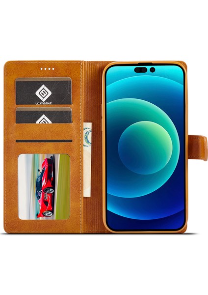 Iphone 15 Pro Max Cüzdan Kılıf Buzağı Dokusu Katlanabilir Stand Pu Deri Flip Cover-Sarı (Yurt Dışından)