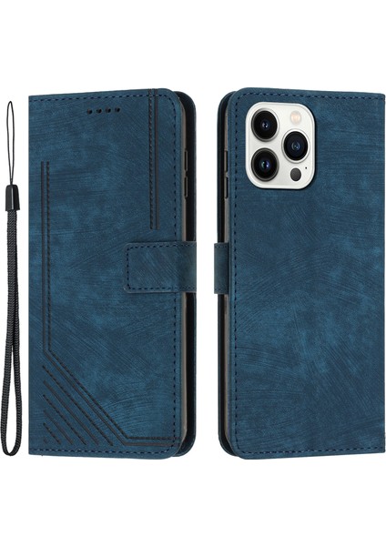 Iphone 15 Pro Cep Telefonu Stand Cüzdan Kılıfı Cilt Dokunma Baskılı Çizgiler Pu Deri Telefon Kapak Sapfire (Yurt Dışından)