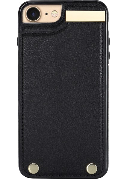Iphone Se (2022)/SE (2020)/IPHONE 7/8 4.7 Inç Cep Telefonu Kasası Tpu+Deri Metal Dekor Kartı Tutucu Kapak-Siyah (Yurt Dışından)