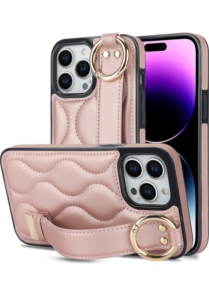 Iphone 14 Pro Max Vaka Dalga Deseni Pu+Tpu Kickstand Telefon Kılıfları Golü Altın (Yurt Dışından)