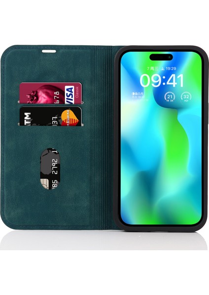 Iphone 14 Pro Case Pu Deri Kart Yuvaları Için Magsafe-Mavi ile Uyumlu Kapak (Yurt Dışından)