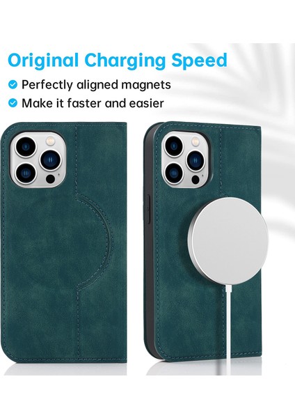 Iphone 14 Pro Case Pu Deri Kart Yuvaları Için Magsafe-Mavi ile Uyumlu Kapak (Yurt Dışından)