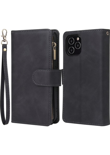 Iphone 15 Pro Deri Kapağı Çoklu Kart Yuvaları Fermuarı Cep Telefonu Cüzdan Standı Kılıf Black (Yurt Dışından)