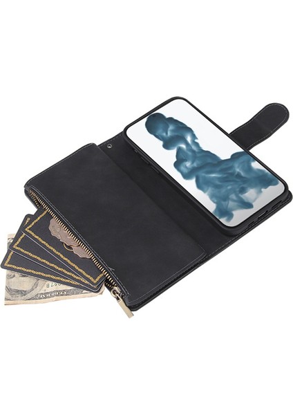Iphone 15 Pro Deri Kapağı Çoklu Kart Yuvaları Fermuarı Cep Telefonu Cüzdan Standı Kılıf Black (Yurt Dışından)