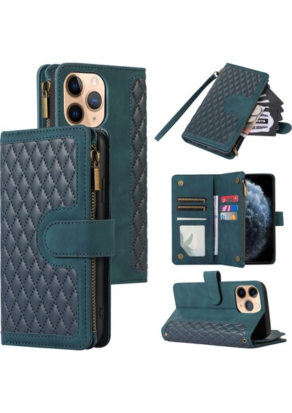 Iphone 11 Pro Case Zipper Cep Deri 9 Kart Yuvaları Telefon Koruma Kapağı Bilek Kayış Yeşili (Yurt Dışından)