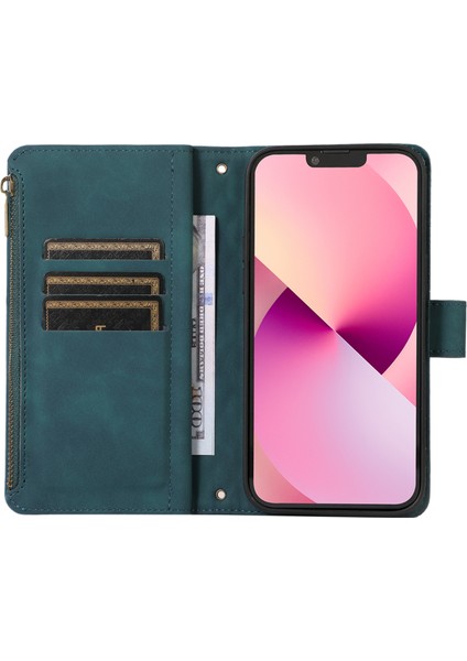 Iphone 11 Pro Case Zipper Cep Deri 9 Kart Yuvaları Telefon Koruma Kapağı Bilek Kayış Yeşili (Yurt Dışından)