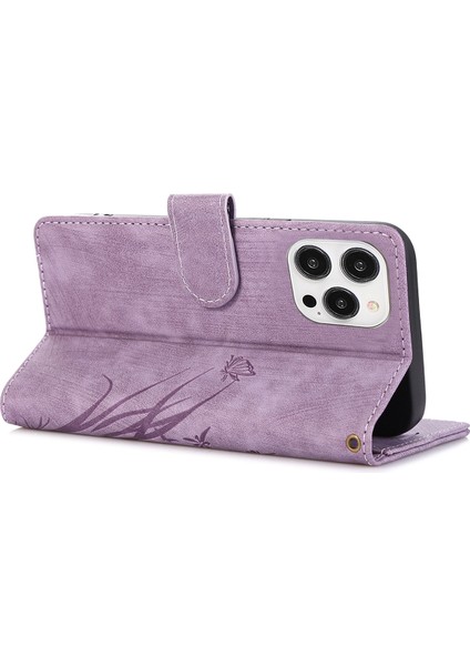 Iphone 15 Pro Deri Flip Cover Orkide Kelebek Cüzdan Kılıfı Strap-Purple (Yurt Dışından)