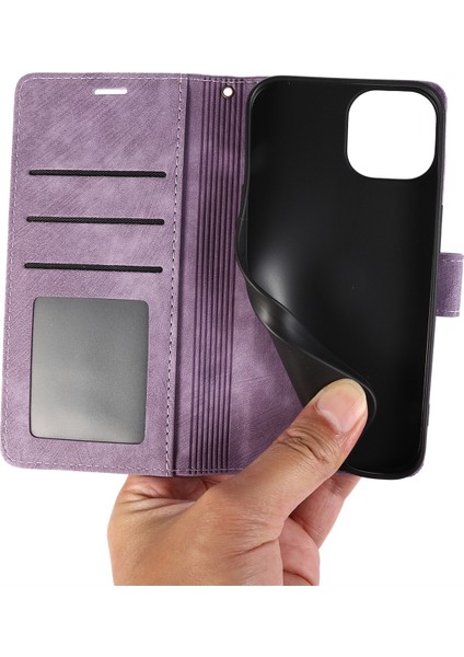 Iphone 15 Pro Deri Flip Cover Orkide Kelebek Cüzdan Kılıfı Strap-Purple (Yurt Dışından)