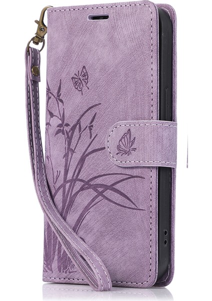 Iphone 15 Pro Deri Flip Cover Orkide Kelebek Cüzdan Kılıfı Strap-Purple (Yurt Dışından)