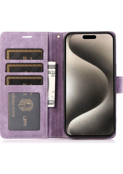 Iphone 15 Pro Deri Flip Cover Orkide Kelebek Cüzdan Kılıfı Strap-Purple (Yurt Dışından)
