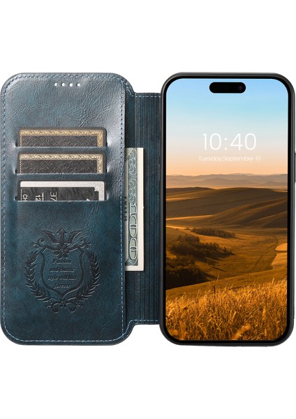 Iphone 15 Pro Max Magnetic Case Stand Cüzdan Deri Telefon Kapağı Magsafe-Mavi ile Uyumlu (Yurt Dışından)