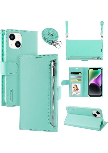 Iphone 14 Pu Deri Cüzdan Stand Kapağı Omuz Kayışı Yeşili ile Fermuar Cep Telefonu Kılıfı (Yurt Dışından)