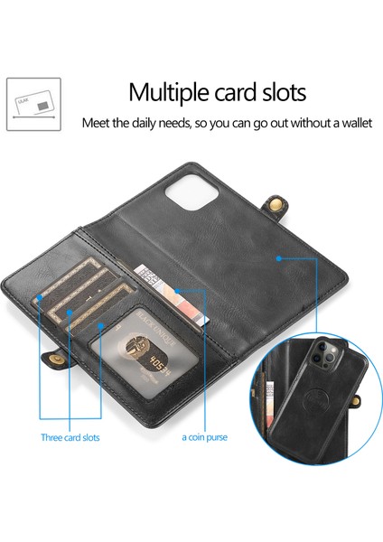 Iphone 13 Pro 6.1 Inç Çıkarılabilir 2-1 Arada Tpu+Pu Deri Flip Kapak Cüzdanı Telefon Vaka-Siyah (Yurt Dışından)