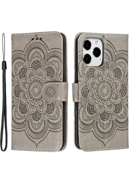 Iphone 15 Pro Mandala Için Çiçek Kılıfı Pu Deri Stand Cüzdan Telefon Kapak-Grey (Yurt Dışından)