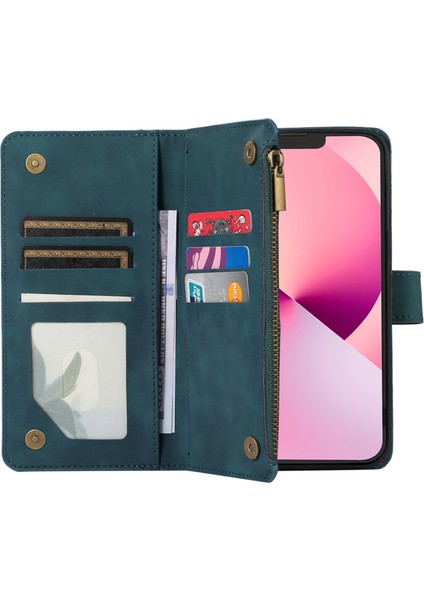 Iphone 11 Pro Case Zipper Cep Deri 9 Kart Yuvaları Telefon Koruma Kapağı Bilek Kayış Yeşili (Yurt Dışından)
