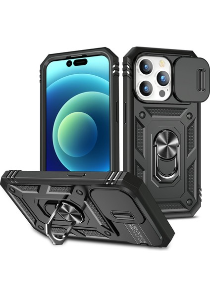 Iphone 15 Pro-Sürgülü Kamera Penceresi Için Telefon Kılıfı Pc+Tpu Kickstand Kapak Kart Yuvası Black (Yurt Dışından)
