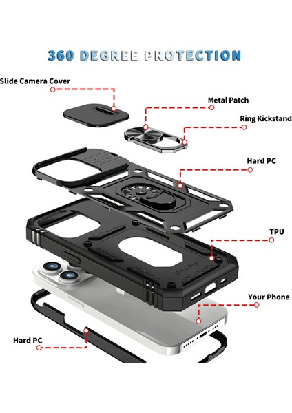 Iphone 15 Pro-Sürgülü Kamera Penceresi Için Telefon Kılıfı Pc+Tpu Kickstand Kapak Kart Yuvası Black (Yurt Dışından)