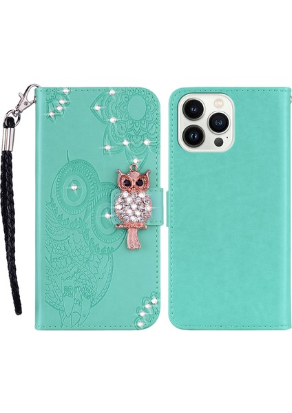 Iphone 15 Pro Max Deri Kılıf Rhinestone Dekor Baykuş Desen Telefon Standı Cüzdan-Cüzdan (Yurt Dışından)