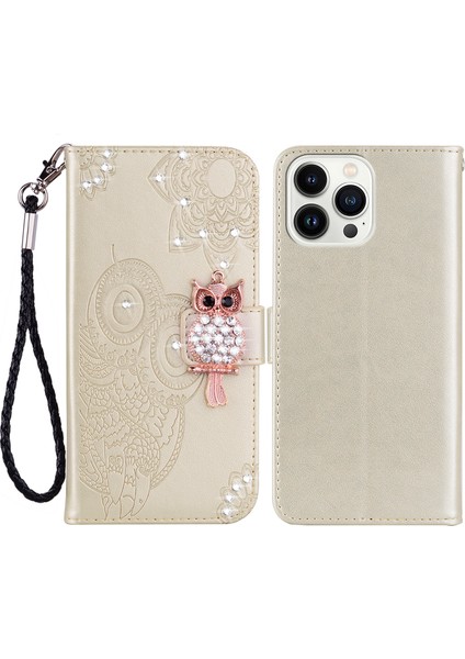 Iphone 15 Pro Max Deri Kılıf Rhinestone Dekor Baykuş Desen Telefon Stand Cüzdan Kapağı-Ay. (Yurt Dışından)