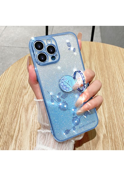 Iphone 13 Pro 6.1 Inç Yüzük Kickstand Çiçek Deseni Parıltı Arka Kapak-Mavi Için Cep Telefonu Koruması Tpu Kasası (Yurt Dışından)