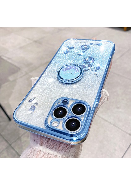 Iphone 13 Pro 6.1 Inç Yüzük Kickstand Çiçek Deseni Parıltı Arka Kapak-Mavi Için Cep Telefonu Koruması Tpu Kasası (Yurt Dışından)