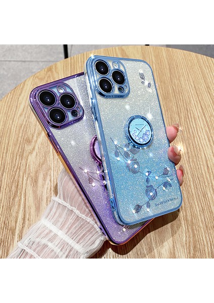 Iphone 13 Pro 6.1 Inç Yüzük Kickstand Çiçek Deseni Parıltı Arka Kapak-Mavi Için Cep Telefonu Koruması Tpu Kasası (Yurt Dışından)