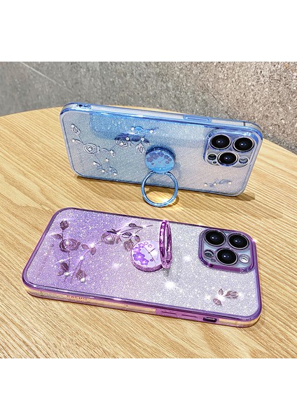 Iphone 13 Pro 6.1 Inç Yüzük Kickstand Çiçek Deseni Parıltı Arka Kapak-Mavi Için Cep Telefonu Koruması Tpu Kasası (Yurt Dışından)