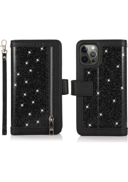 Iphone 14 Pro Max Cep Telefon Kılıfı 9 Kart Tutucu Glitter Toz Deri Kapak Black (Yurt Dışından)