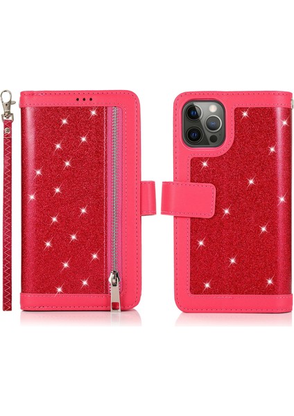 Iphone 12/12 Pro Kasa Glitter Powder Fermuar Cep 9 Kart Tutucu Deri Kapak Gül (Yurt Dışından)