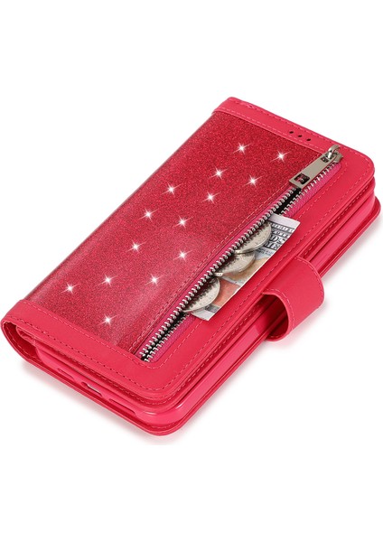 Iphone 12/12 Pro Kasa Glitter Powder Fermuar Cep 9 Kart Tutucu Deri Kapak Gül (Yurt Dışından)