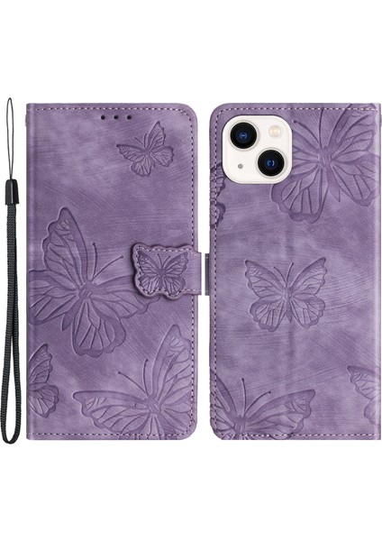 Iphone 15 Cilt Touch Pu Deri Cüzdan Stand Kapağı Strap-Purple ile Baskılı Kelebekler Telefon Kılıfı (Yurt Dışından)