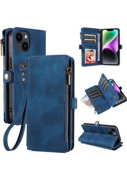 Iphone 15 Pro Max Fermuar Cep Deri Stand Telefon Kapak Blue Için Rfıd Engelleme Cüzdan Kılıfı (Yurt Dışından)