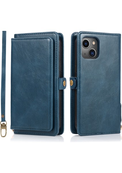 Iphone 13 Mini 5.4 Inç Cüzdan Telefon Kılıfı Çıkarılabilir 2-1 Arada Tpu+Pu Deri Deri Kapak Kayış Mavisi (Yurt Dışından)