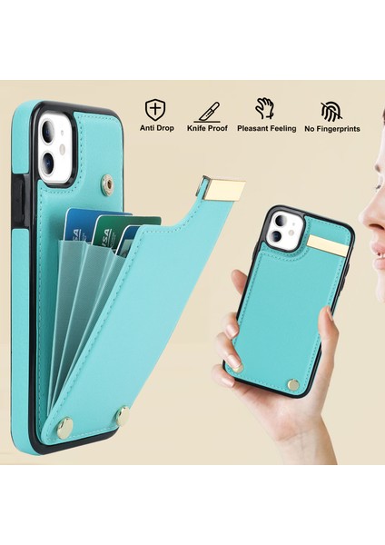 Iphone 11 Için Tpu+Pu Deri Metal Dekor Şok Geçirmez Cep Telefon Kılıfı Kart Tutucu Yeşil (Yurt Dışından)