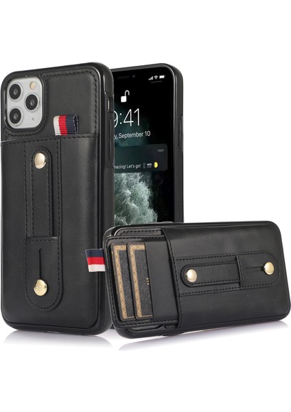 Iphone 11 Pro Max Case Pu Deri+Tpu Kart Tutucu Telefon Kapağı Retractable Kayış Kickstand-Black (Yurt Dışından)
