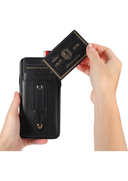 Iphone 11 Pro Max Case Pu Deri+Tpu Kart Tutucu Telefon Kapağı Retractable Kayış Kickstand-Black (Yurt Dışından)