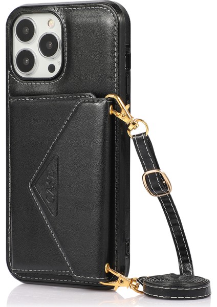 Iphone 14 Pro Case Card Tutucu Kickstand Deri+Tpu Kapak Long Strap-Black (Yurt Dışından)