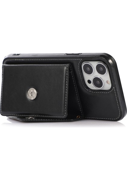 Iphone 14 Pro Case Card Tutucu Kickstand Deri+Tpu Kapak Long Strap-Black (Yurt Dışından)