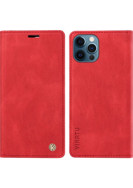 Iphone 12 Pro Max Için Max 6.7 Inç Deri Cüzdan Stand Telefon Kapağı Cilt-Touch Şok Geçirmez Kasa Kırmızısı (Yurt Dışından)