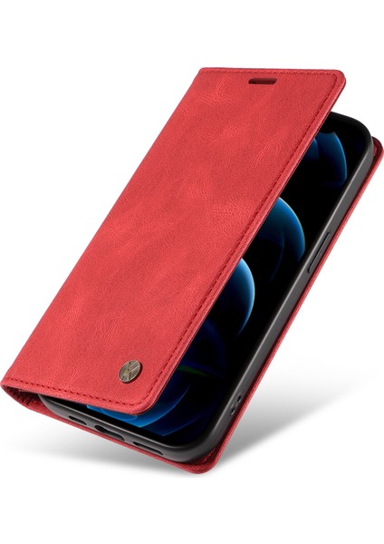 Iphone 12 Pro Max Için Max 6.7 Inç Deri Cüzdan Stand Telefon Kapağı Cilt-Touch Şok Geçirmez Kasa Kırmızısı (Yurt Dışından)