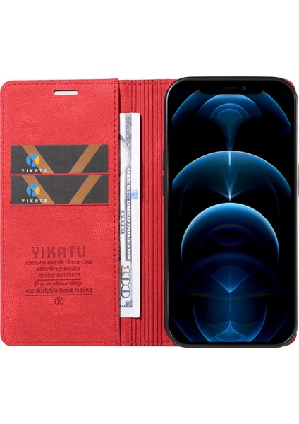 Iphone 12 Pro Max Için Max 6.7 Inç Deri Cüzdan Stand Telefon Kapağı Cilt-Touch Şok Geçirmez Kasa Kırmızısı (Yurt Dışından)