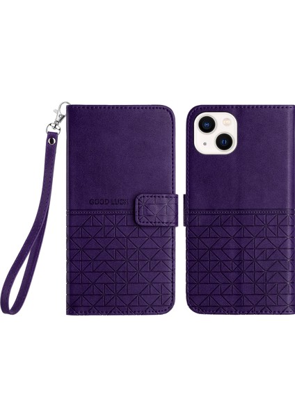 iPhone 14 Plus Içingeometrik Baskılı Cüzdan Kasası Artı Mikrofiber Deri Standı Telefon Kapak-Mor (Yurt Dışından)