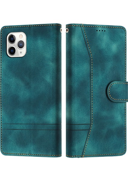 Iphone 11 Pro Max Için Retro Deri Telefon Kılıf Hatları Üstün Flip Cüzdan Standı Kapak Yeşili (Yurt Dışından)