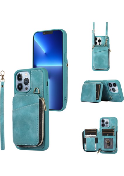 Iphone 13 Pro Kickstand Fermuar Telefon Kılıfı Cüzdan Kapağı Pu Derisi+Tpu Telefon Kabuk Yeşilliği (Yurt Dışından)