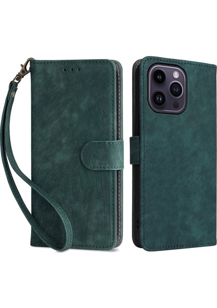 Iphone 15 Pro Cüzdan Için Telefon Kasası Rfıd Engelleme Pu Deri Dergi Anti-Fall Stand Kapağı Strap-Green (Yurt Dışından)